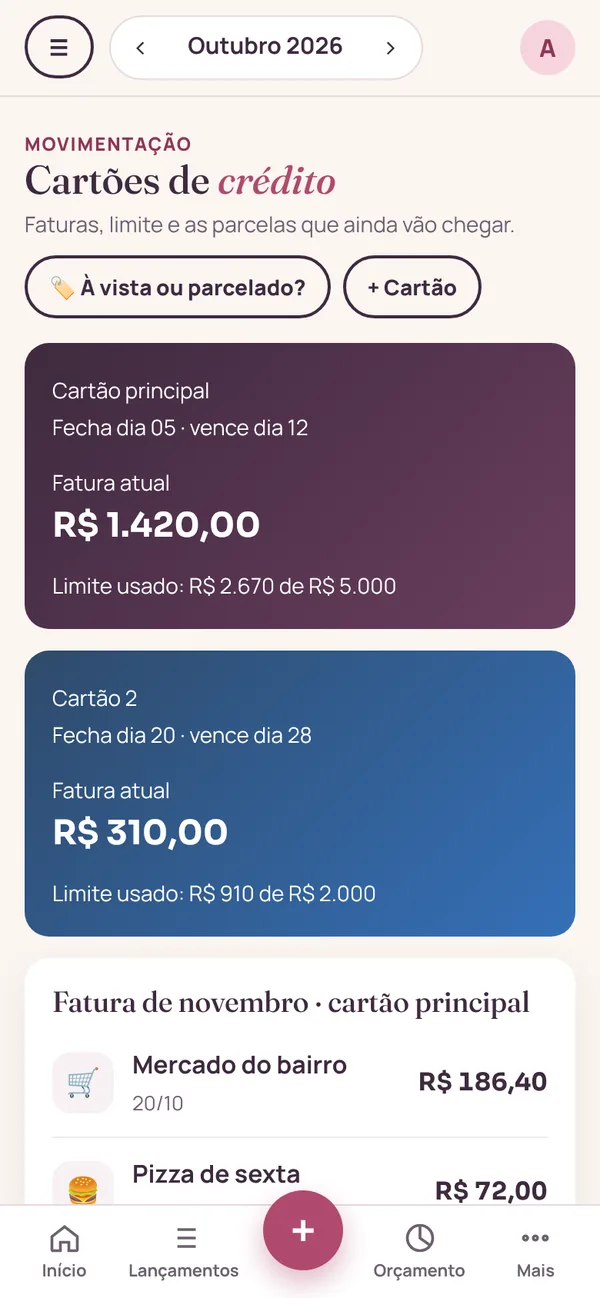 Tela Cartões de crédito com a fatura atual e o limite usado de dois cartões