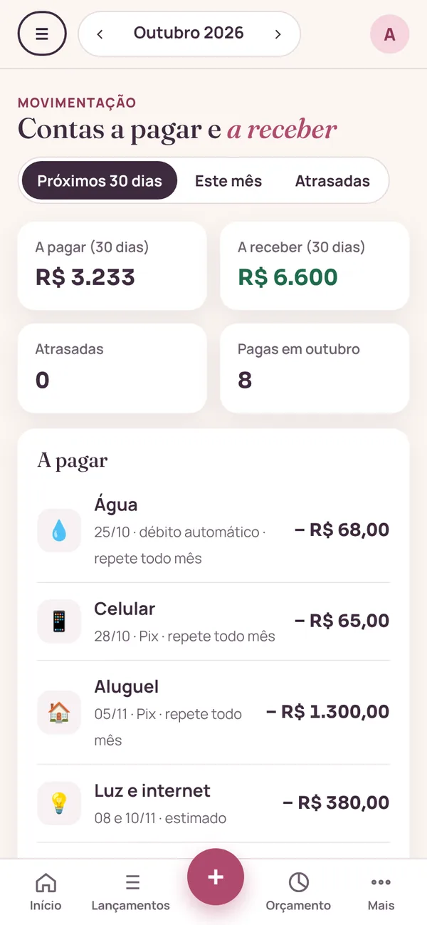 Tela Contas a pagar e a receber com os vencimentos dos próximos 30 dias