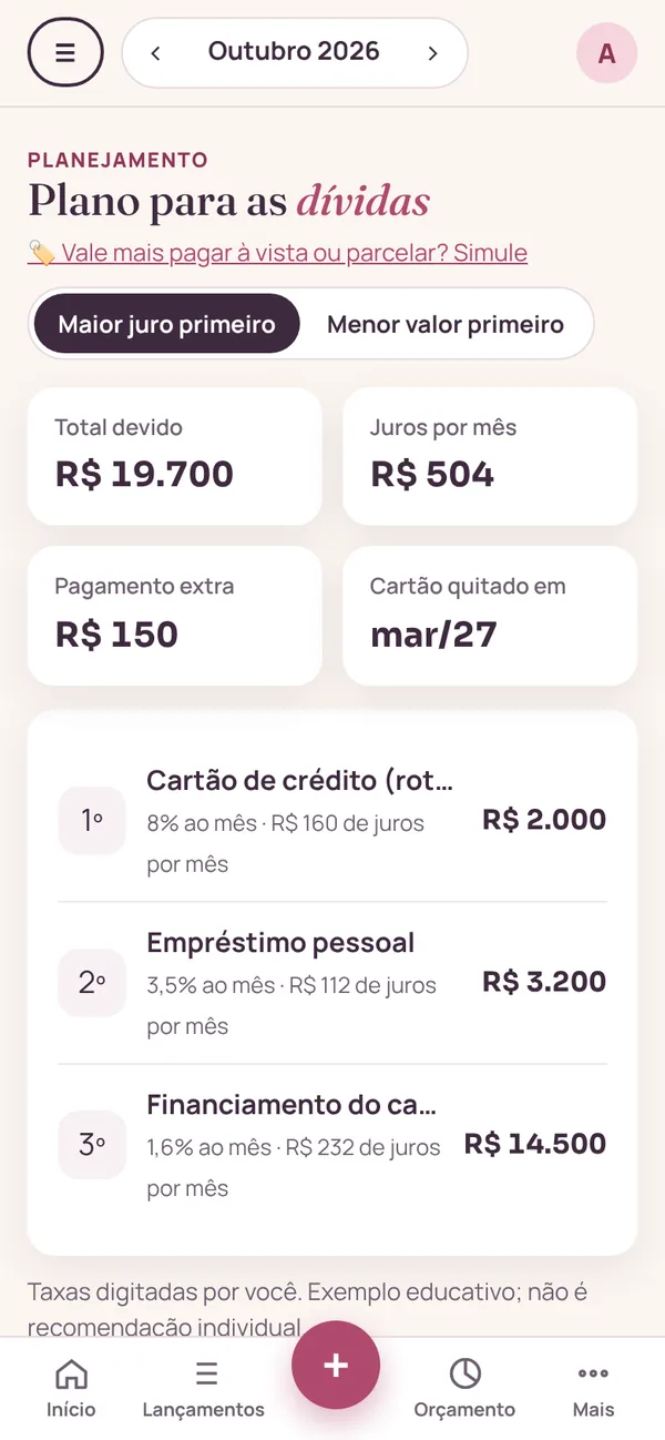 Tela Plano para as dívidas com o total devido e os juros por mês