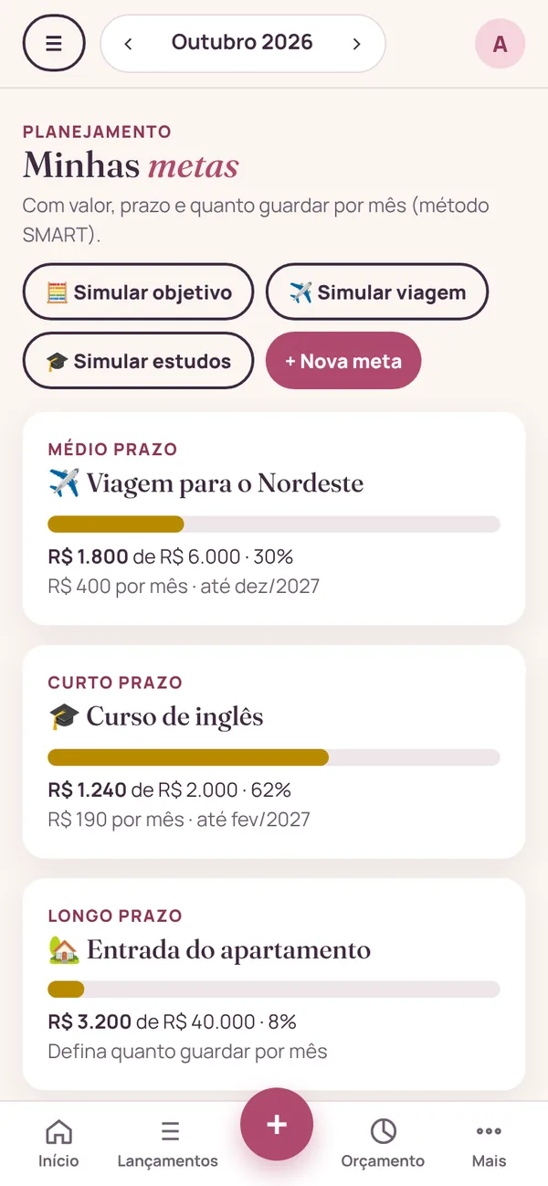 Tela Minhas metas com o progresso da viagem, do curso e da entrada do apartamento
