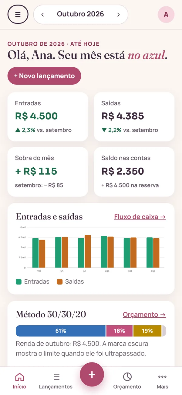 Tela inicial do App Finanças UP no celular, com entradas, saídas e sobra do mês