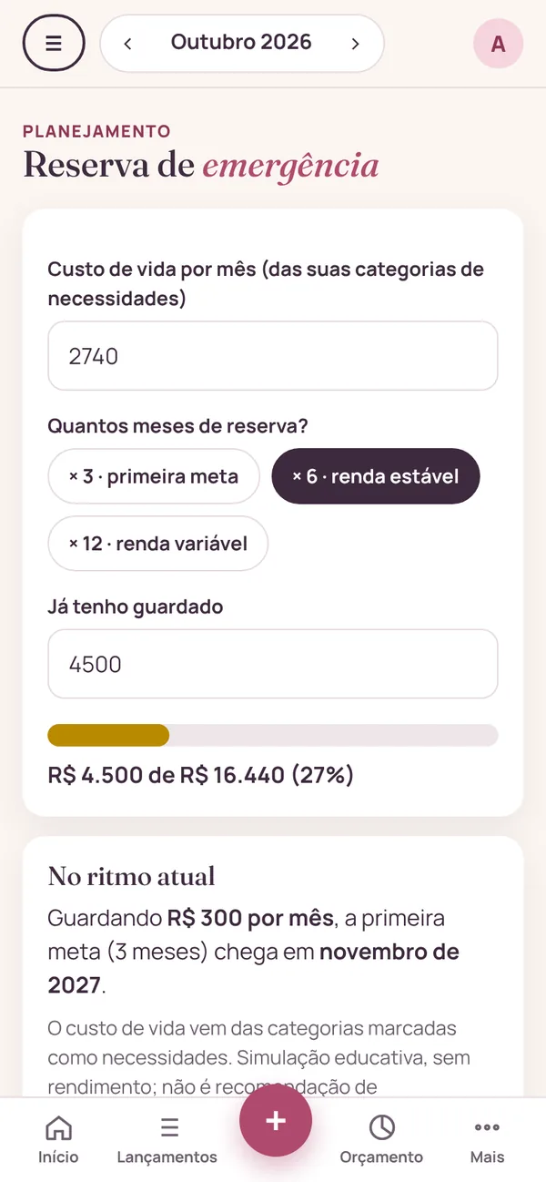 Reserva de emergência no celular