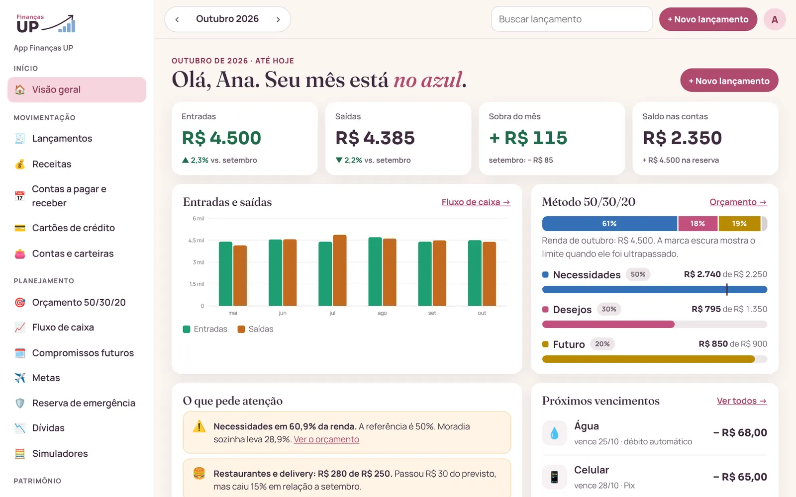 Visão geral do App Finanças UP no computador