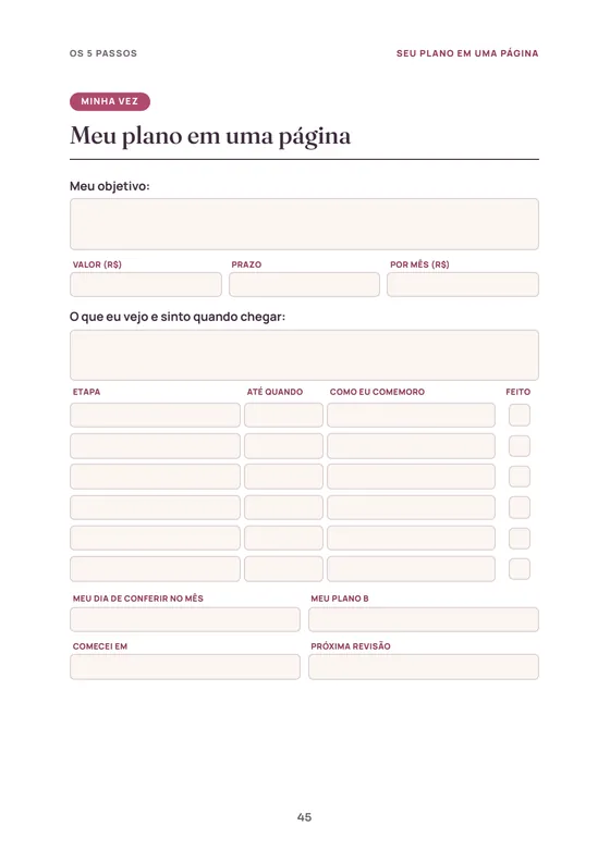 Página Meu plano em uma página, do e-book Os 5 passos