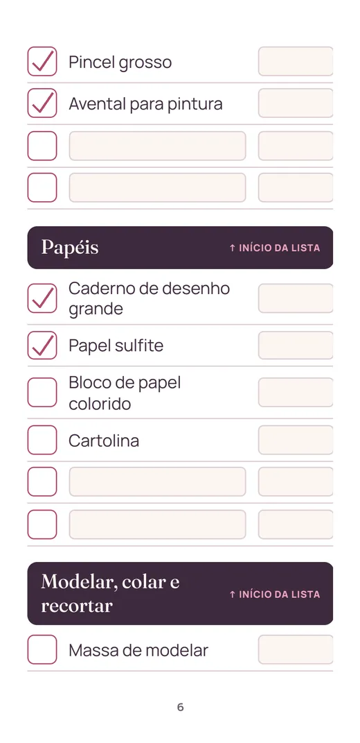 Lista de material escolar no celular, com itens marcados