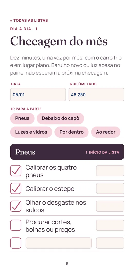 Lista de checagem do carro no celular, com itens marcados