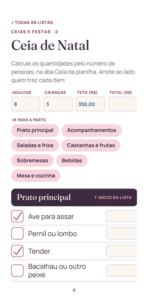 Lista da ceia de Natal no celular, com itens marcados