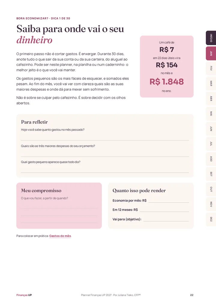 Página de dica para economizar, com a conta de um café por dia ao longo do ano