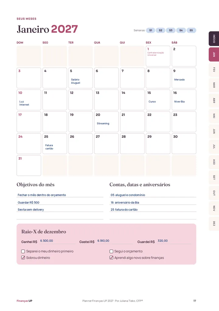 Página de janeiro de 2027 com calendário, objetivos do mês e raio-X do mês anterior