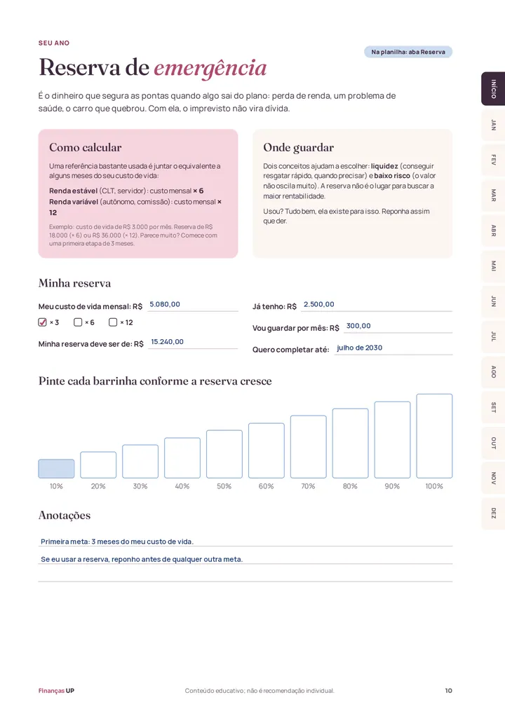 Página da reserva de emergência com barrinhas de progresso