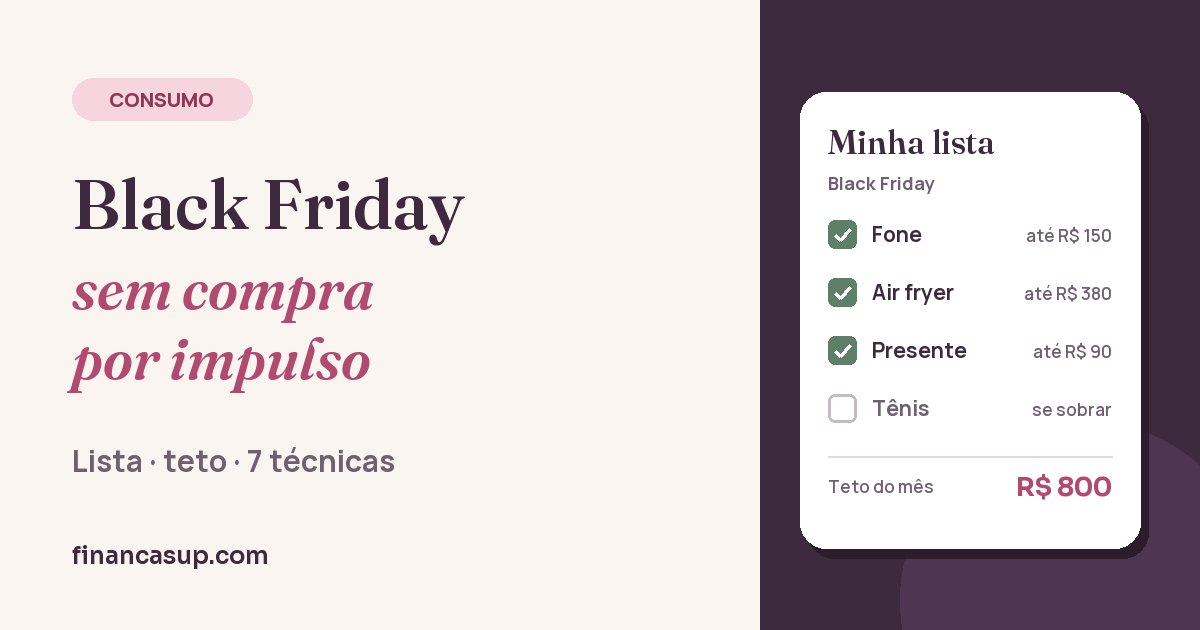 Ilustração de uma lista de compras da Black Friday: fone até R$ 150, air fryer até R$ 380 e presente até R$ 90 marcados, tênis "se sobrar" sem marcar e teto do mês de R$ 800, ao lado do título do artigo.