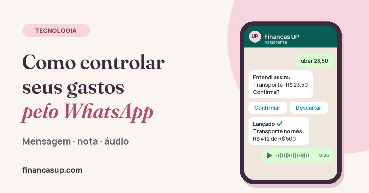 Ilustração de um celular com uma conversa no WhatsApp: a pessoa escreve “uber 23,50”, o Assistente mostra o gasto para conferir, com os botões Confirmar e Descartar, e depois um áudio, ao lado do título do artigo.